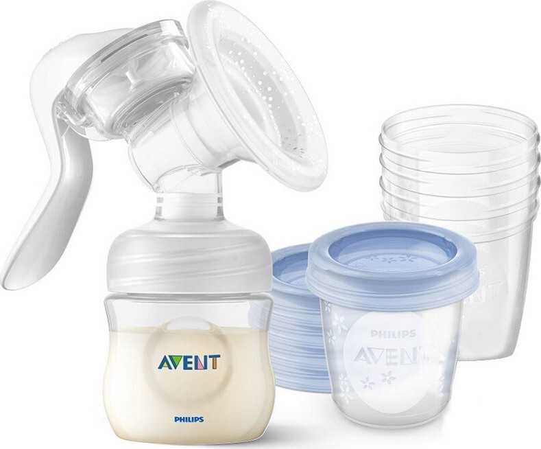 AVENT Manuální odsávačka mateřského mléka se zásobníkem + VIA pohárky 180 ml 5 ks