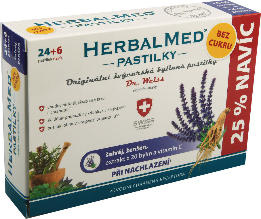 HerbalMed pastilky Dr.Weiss BEZ CUKRU Šalvěj+ženšen+vitamin C 24+6ks