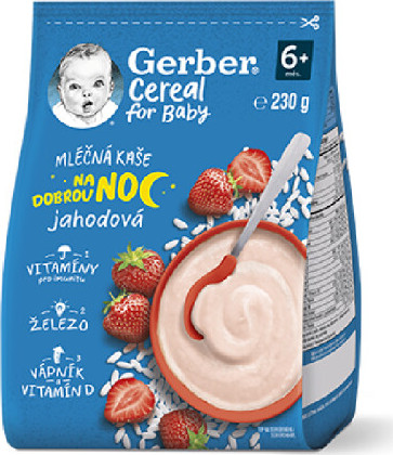 Gerber Cereal Mléčná kaše na dobrou noc jahodová 230g 6M