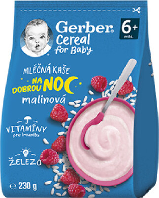 Gerber Cereal Mléčná kaše na dobrou noc malinová 230g 6M