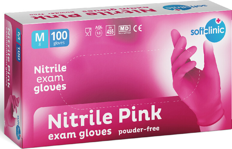 SOFTCLINIC Nitril rukavice vyšetřovací nepudrované růžové M 100ks