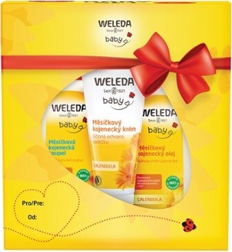 Weleda měsíčkový kojenecký krém 75 ml + Měsíčková kojenecká koupel 200 ml + měsíčkový kojenecký olej 200 ml + bavlněná plena s potiskem dárková sada