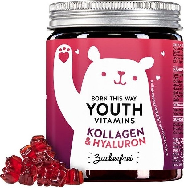 Bears With Benefits Born This Way Vitaminy s kolagenem Q10 a kyselinou hyaluronovou bez cukru gumoví medvídci 90 ks