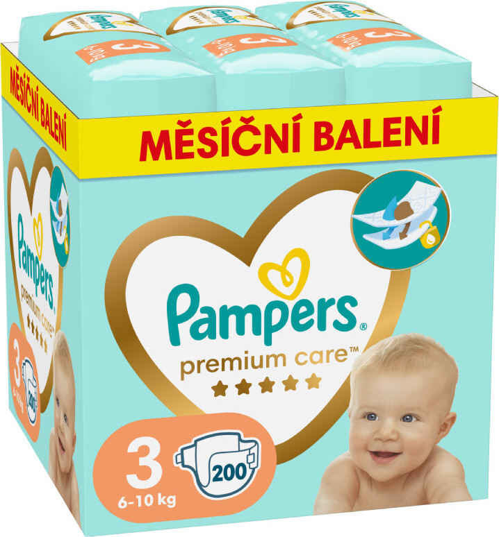 PAMPERS Premium Care plenky velikost 3 Midi 6-10kg měsíční balení 200ks