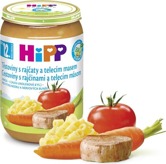 HiPP MENU BIO Těstoviny s rajčaty a telecím masem 220g