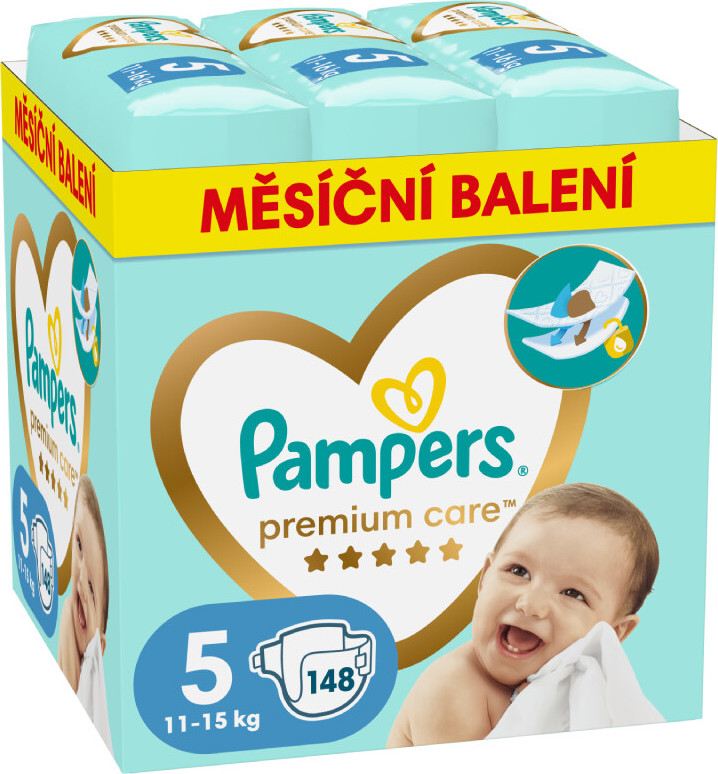 PAMPERS Premium Care plenky velikost 5 Junior 11-15kg měsíční balení 148 ks